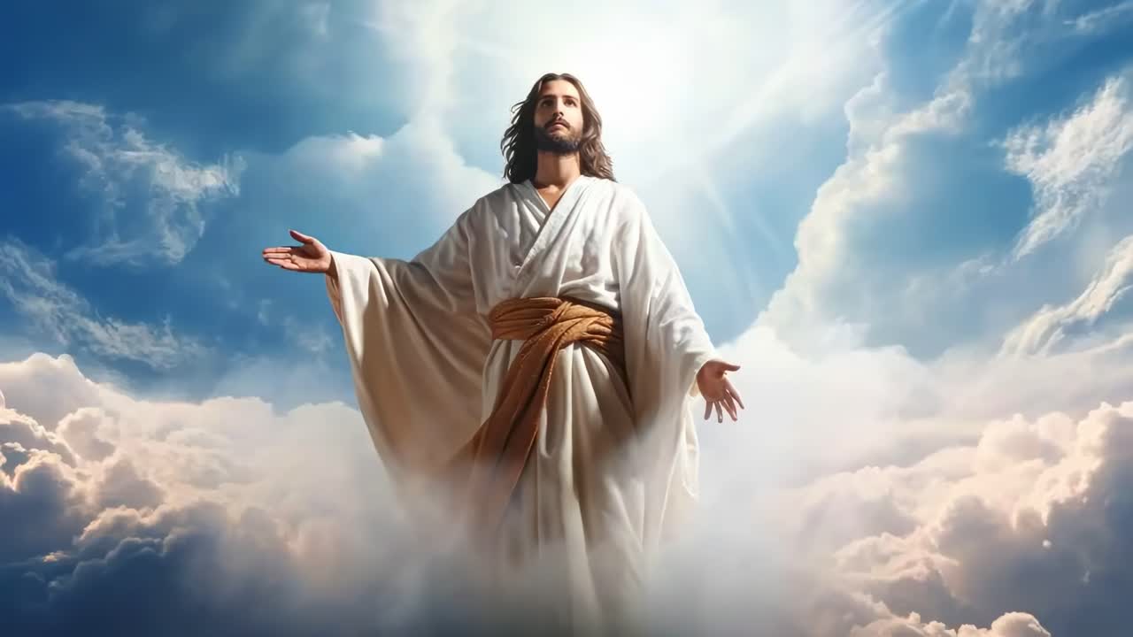 A divine figure in white robes stands amidst clouds, arms open