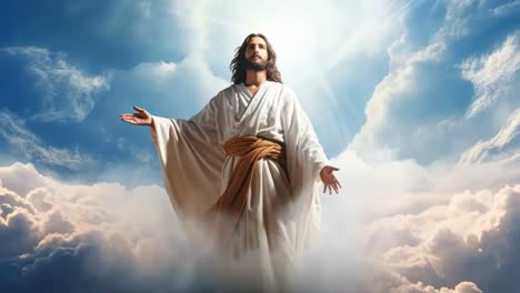 a divine figure in white robes stands amidst clouds, arms open