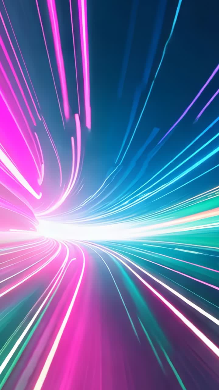 Vertical video: Starting neon streaks propelling perspective zooming through digital tunnel beams