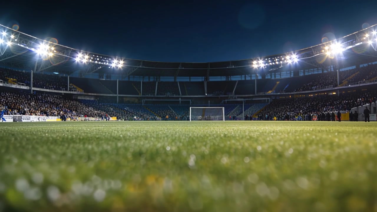 La telecamera si allontana dopo la messa a fuoco, rivelando l'erba umida dello stadio, la porta, le luci e i tifosi con le giacche.