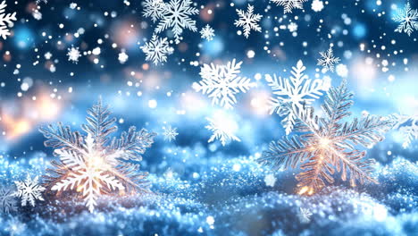 two snowflakes are on top of a blue snow-covered field. the snowflakes are lit up, creating a warm and inviting atmosphere