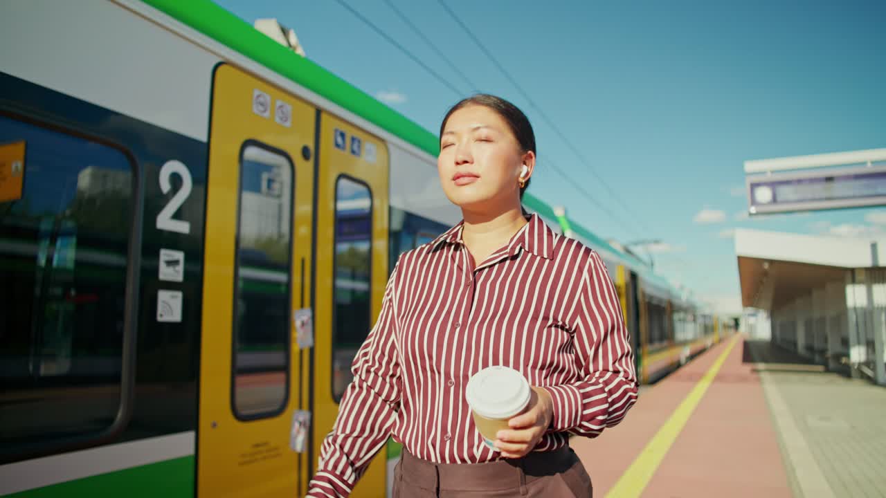 Woman drinking coffee at a train station