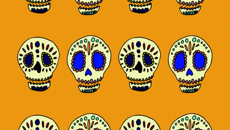 animación de calaveras cayendo sobre un fondo naranja