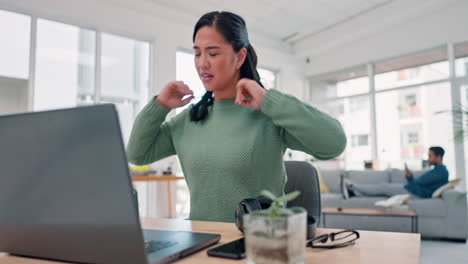 Remote-work,-stretching-and-a-woman-with-a-laptop