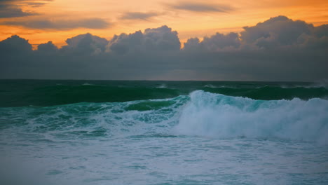 storm sea rolling dawn coast in slow motion. amazing endless seascape at cloudy
