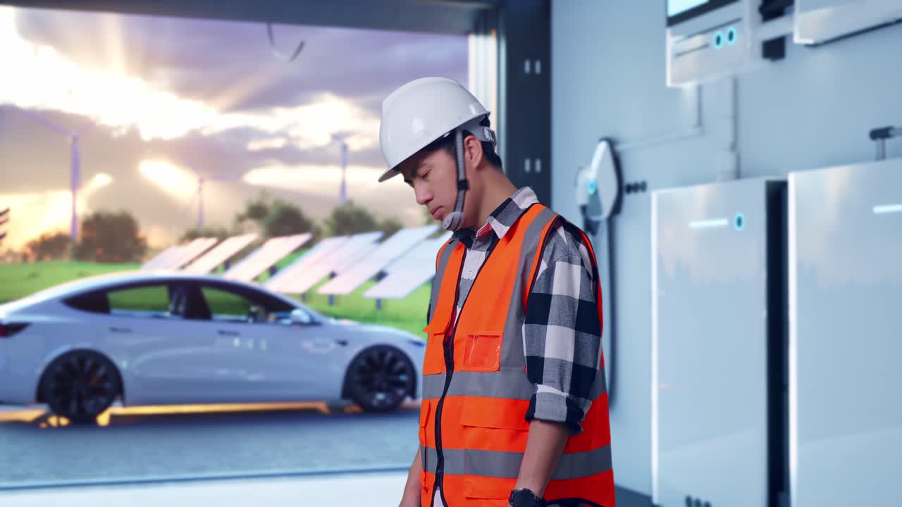 Side View Of Asian Male Engineer With Safety Helmet Having A Headache While Working With Home Energy Storage System In a Modern Garage