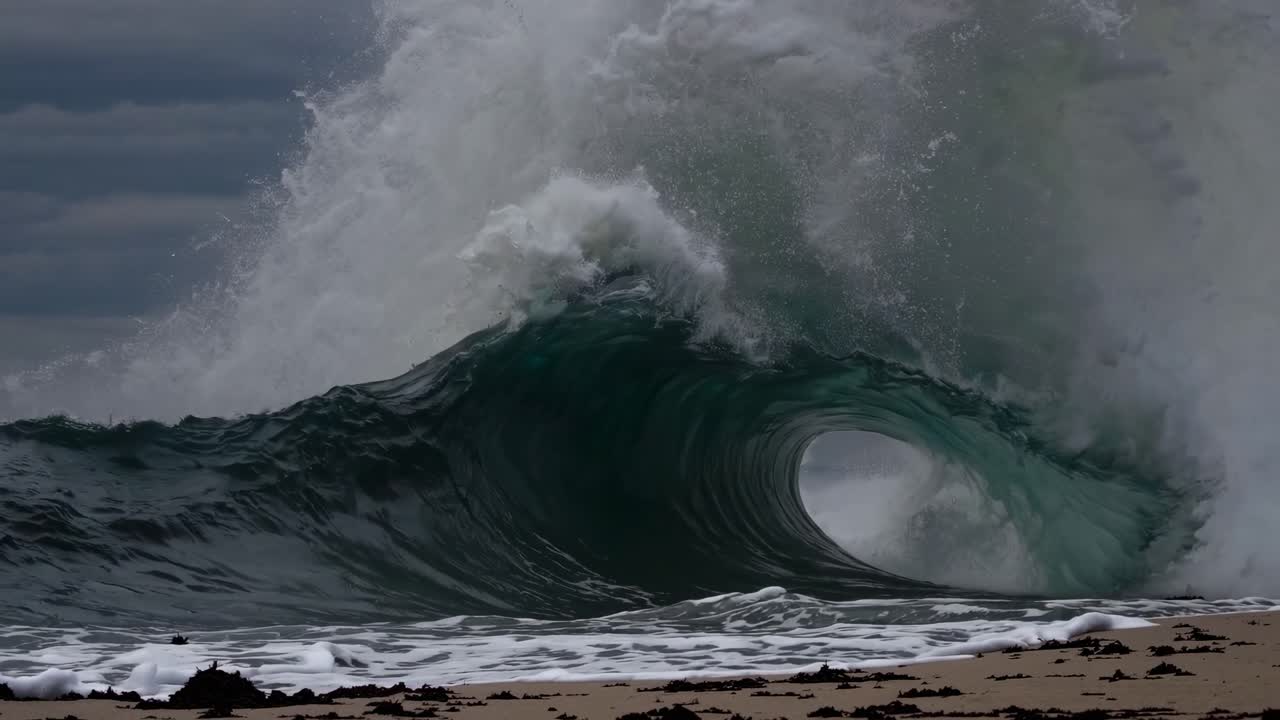 Powerful ocean wave forming tubular shape, surging with massive energy and crashing dramatically onto rocky shore, generating explosive white foam and dynamic water splashes