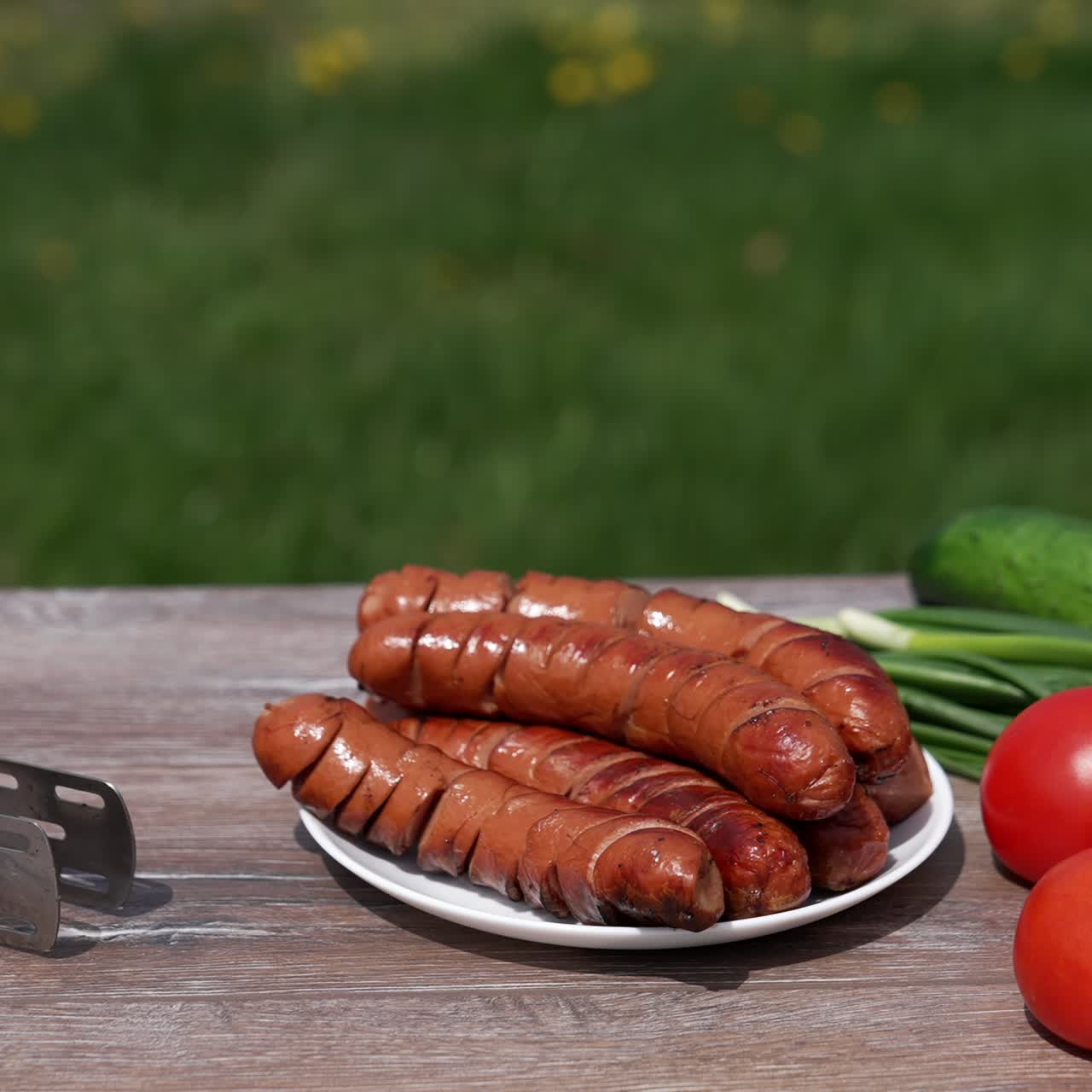 Picnic food on blur nature background. Plate with roasted sausages and fresh vegetables on table. Man adds grilled sausage using tongs to a plate. Close-up