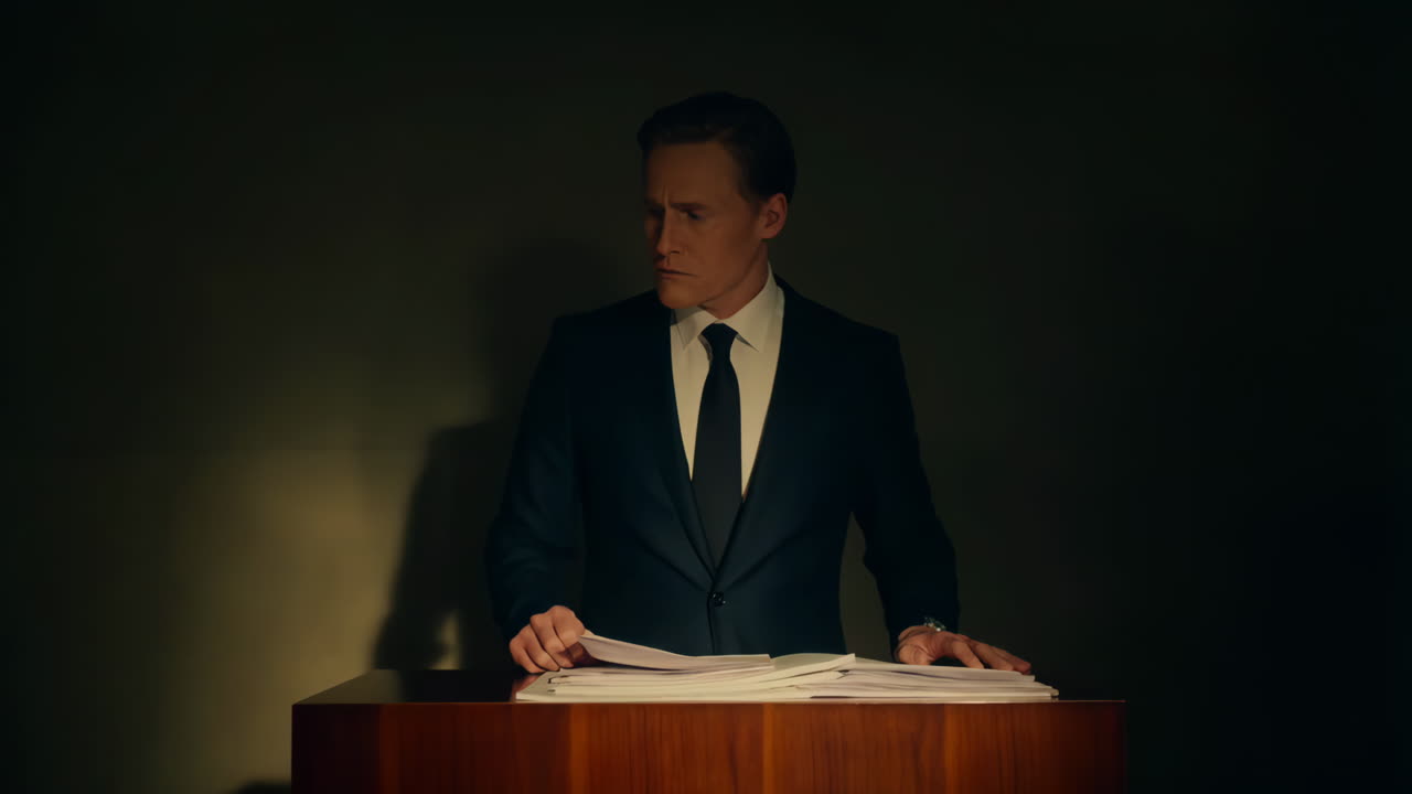 Professional Man in Suit Reading Documents at a Podium