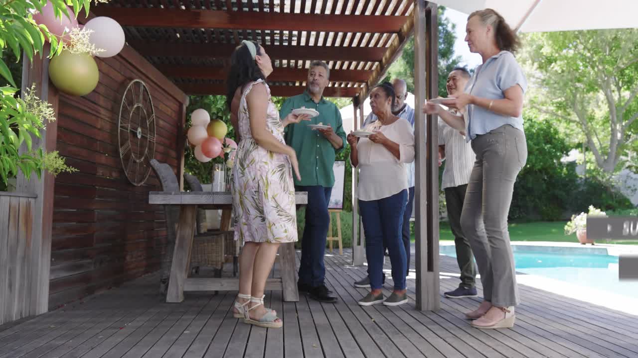 Six adults on deck with plates woman talking starting social media badges rising fading celebrating