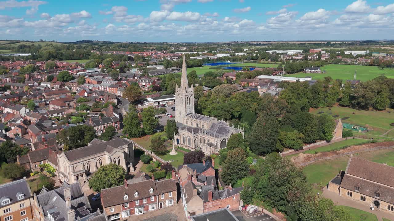 Aerial view of Oakham Rutland, sunny mood with historic church