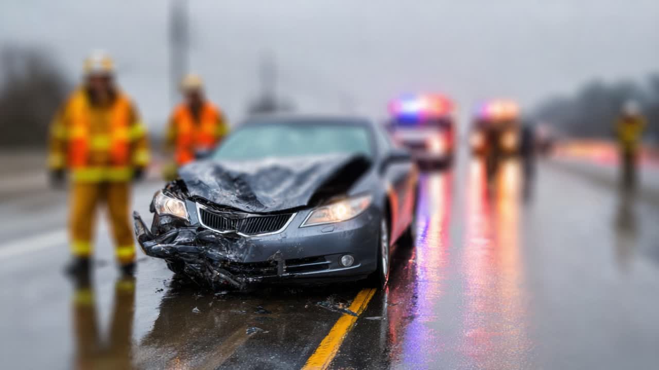 Cena dramática de um acidente de carro com serviços de emergência atendendo a um veículo danificado em condições de chuva, destacando os esforços de segurança e resposta.