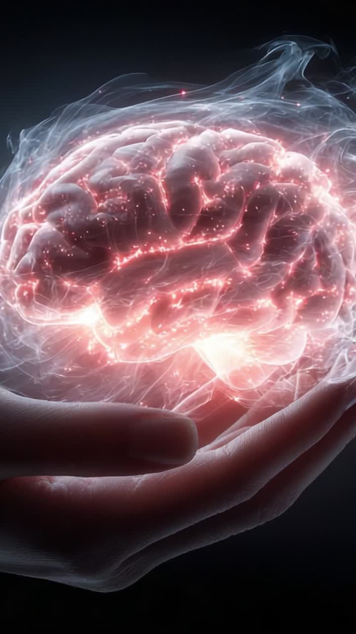 Illuminare la mente: una visualizzazione surreale di un cervello che emana luce ed energia eterea nel palmo di una mano, a simboleggiare la conoscenza e il pensiero