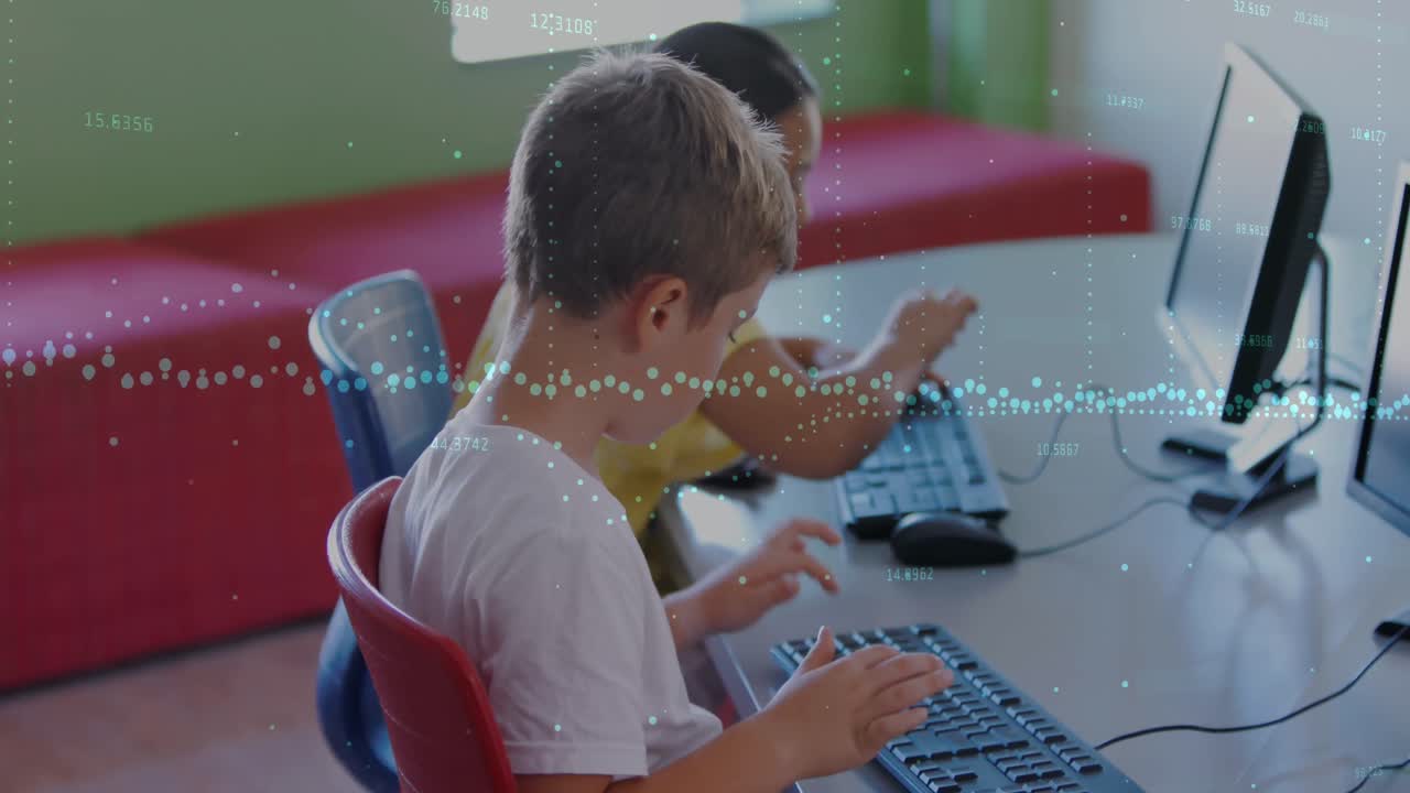 animación de gráficos sobre diversos alumnos con computadoras en la escuela