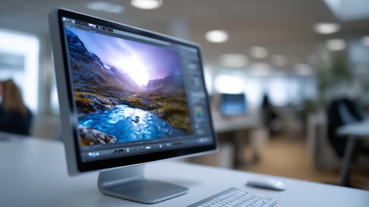 Fantastisk visning af et fredfyldt landskab med vandfald på en computerskærm i et moderne kontormiljø, fanget i en videoramme