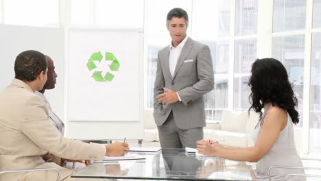 confident businessman presenting recycling sign