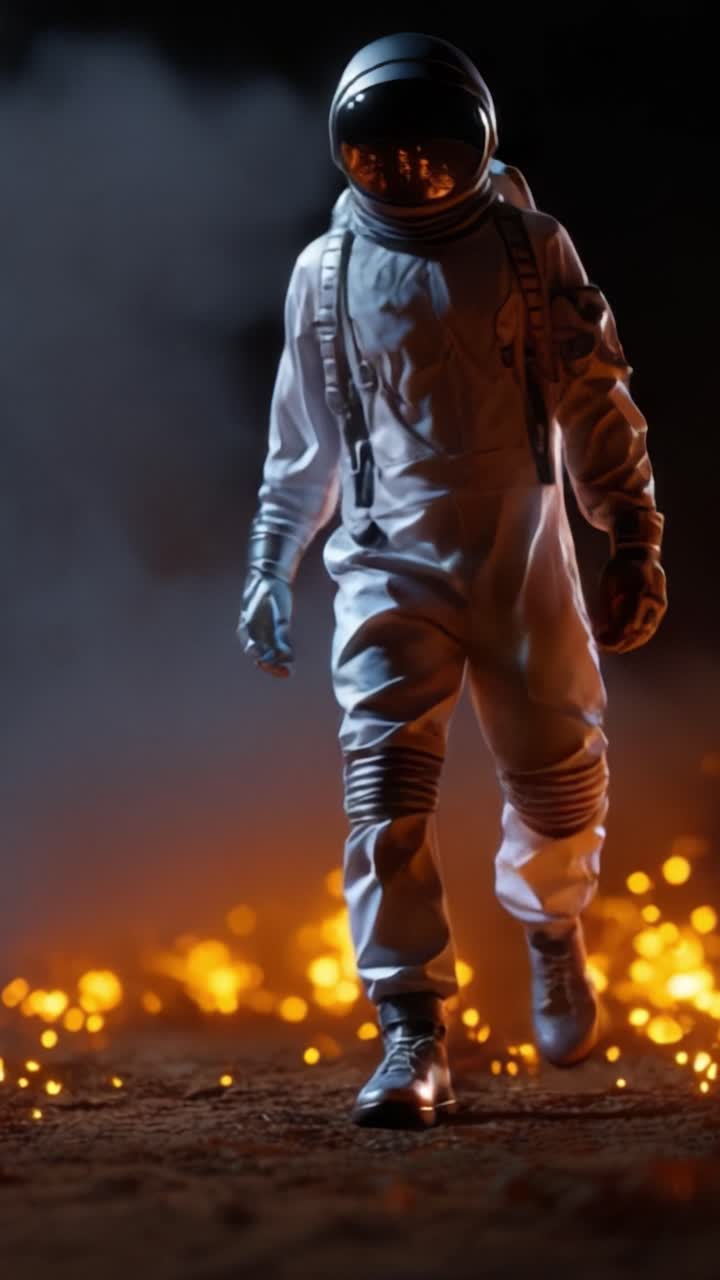 An astronaut boldly walks through a fiery landscape, showcasing courage and exploration amidst glowing embers and swirling smoke in a dramatic celestial scene