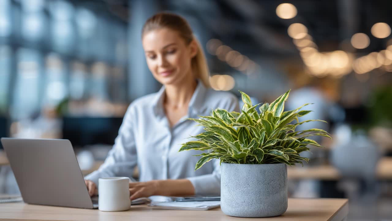 Una persona concentrata che lavora su un laptop in un ambiente ufficio moderno, arricchito dalla presenza di una pianta verde rigogliosa e una tazza di caffè su un tavolo di legno