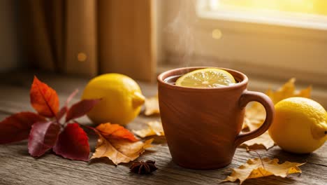 cozy autumn tea with lemon and fall leaves