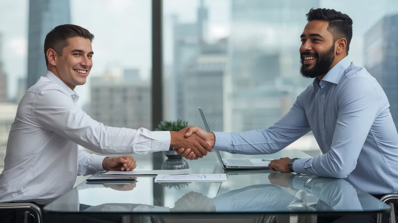 Closing deal, two professionals in white and blue shirts shaking hands at glass table with laptop