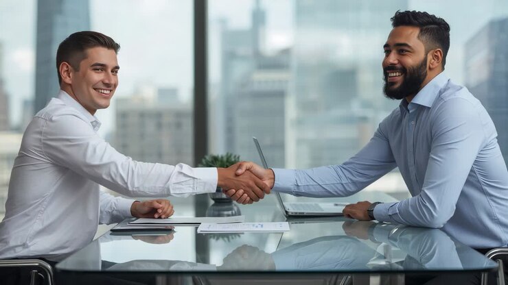 Conclusione dell'affare, due professionisti in camicia bianca e blu si stringono la mano a un tavolo di vetro con un laptop