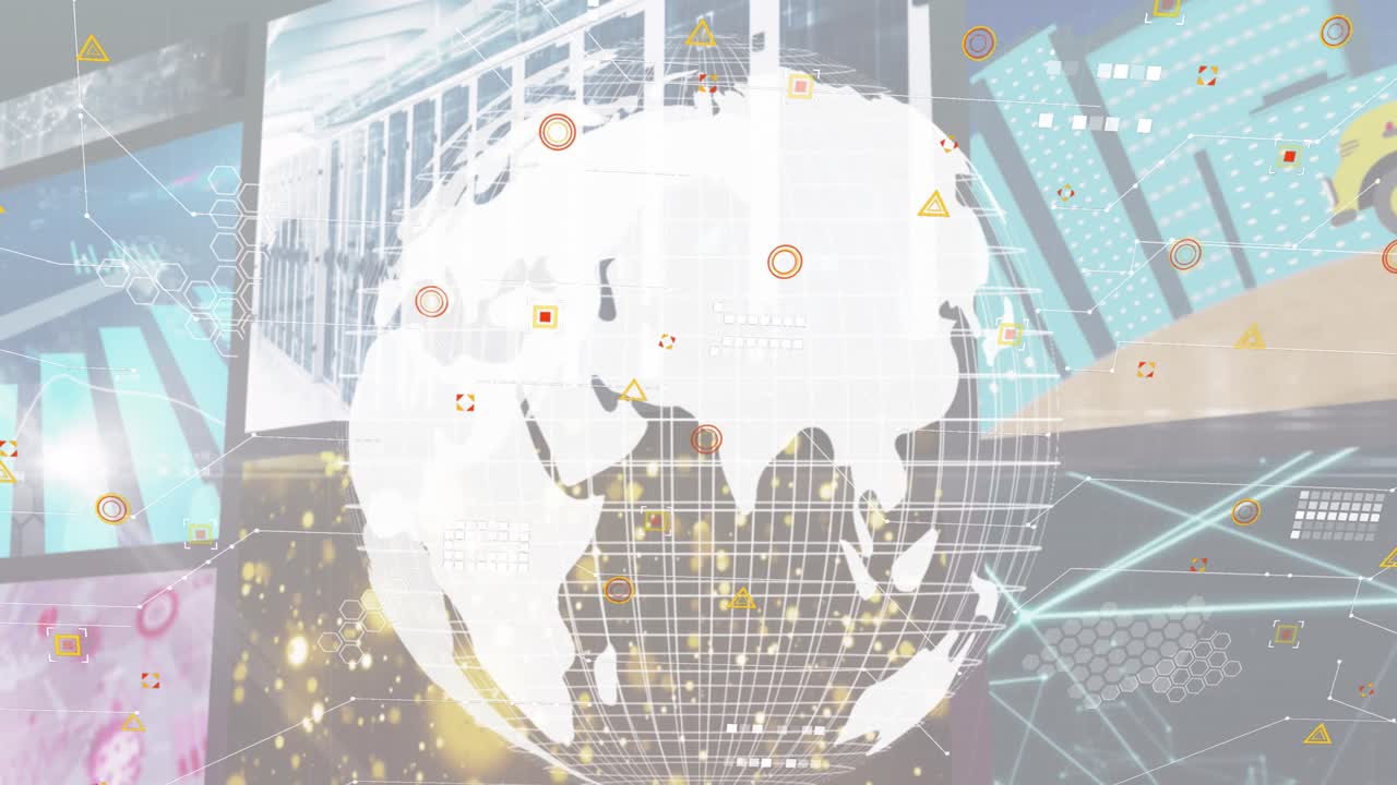 Animation of globe, and data processing on digital screens