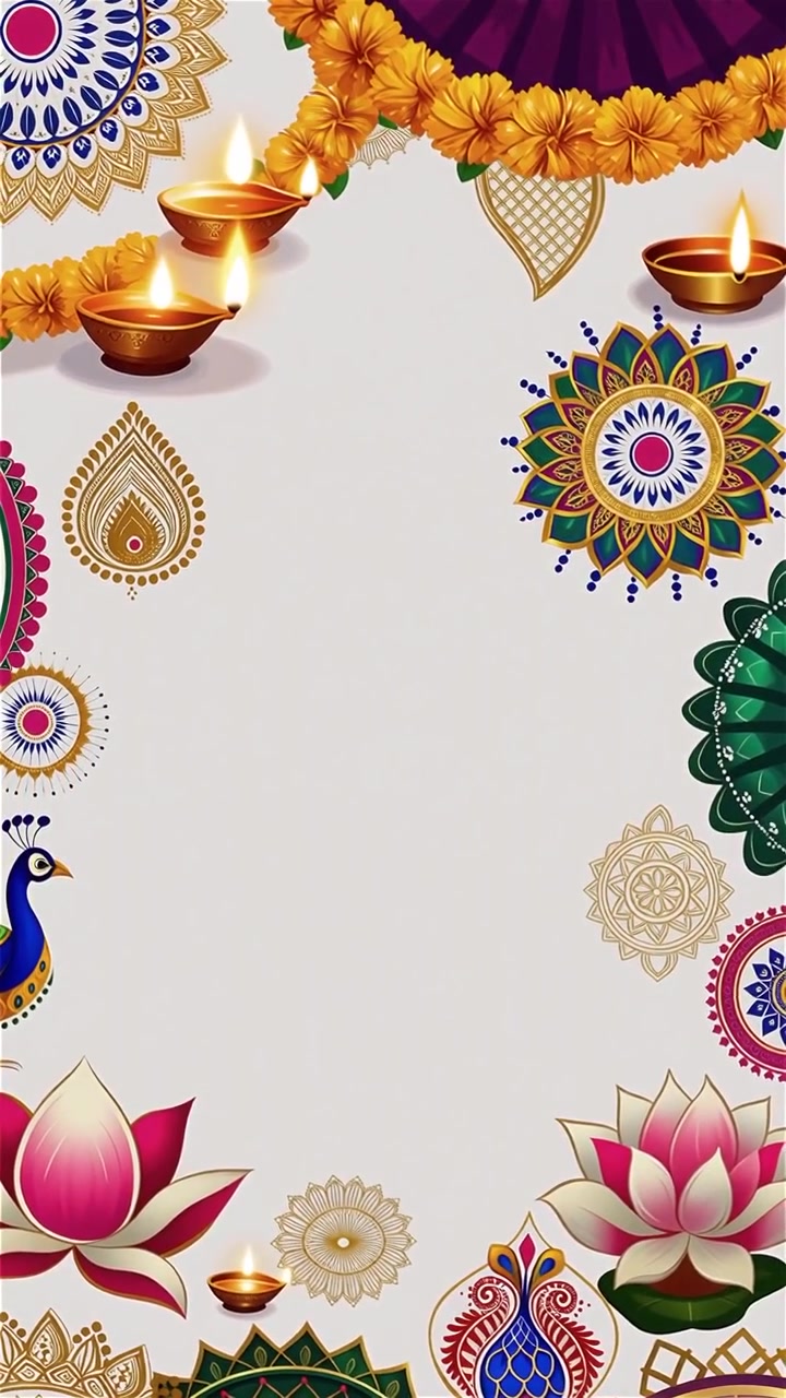 Sfondo Diwali con Diyas luminosi, Rangoli e fiori di loto