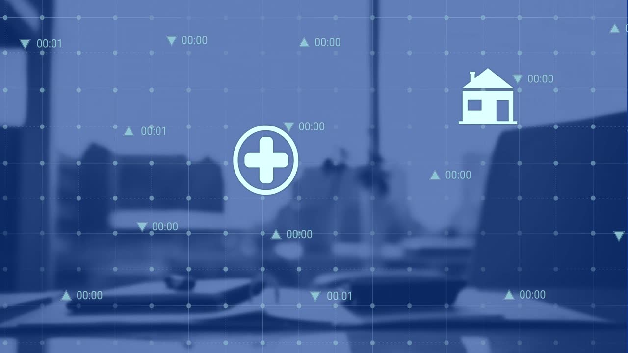 animación de múltiples iconos digitales a través de la red de cuadrícula contra el escritorio de la oficina