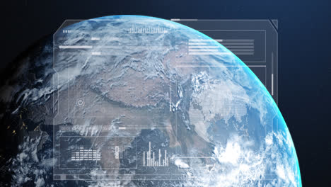 animation of data processing on screen over earth globe on blue background