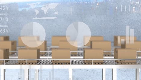 statistical data processing against delivery boxes on conveyor belt against cityscape