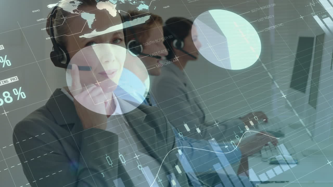 animación del registro de estadísticas sobre personas de negocios que usan auriculares telefónicos