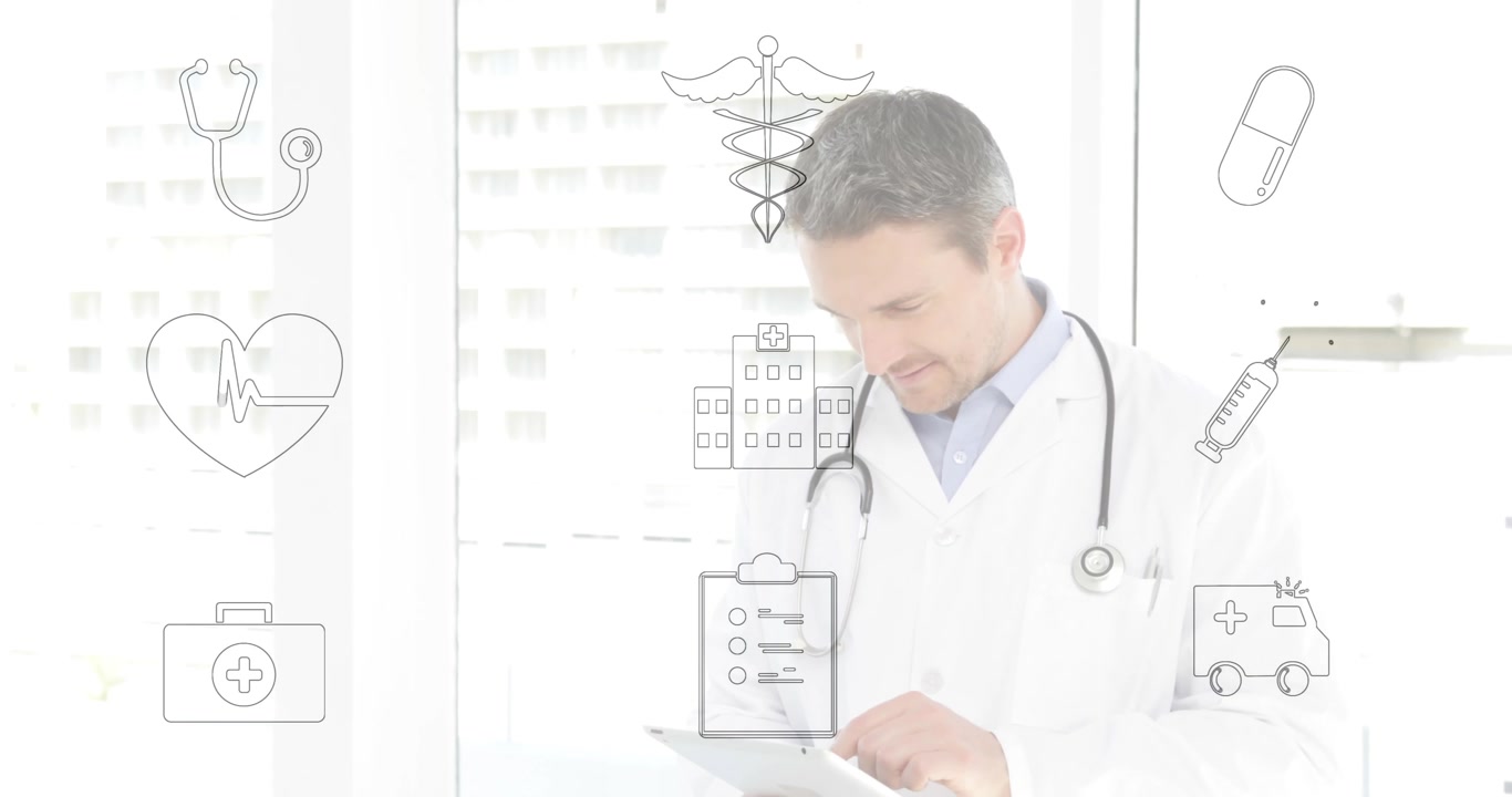 Medico che usa un tablet con animazione di icone mediche su sfondo ospedaliero.