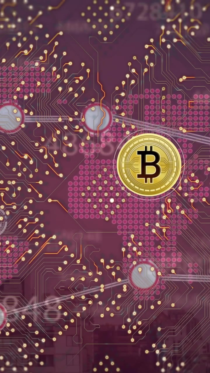 Animazione di elaborazione dati e bitcoin su paesaggio urbano