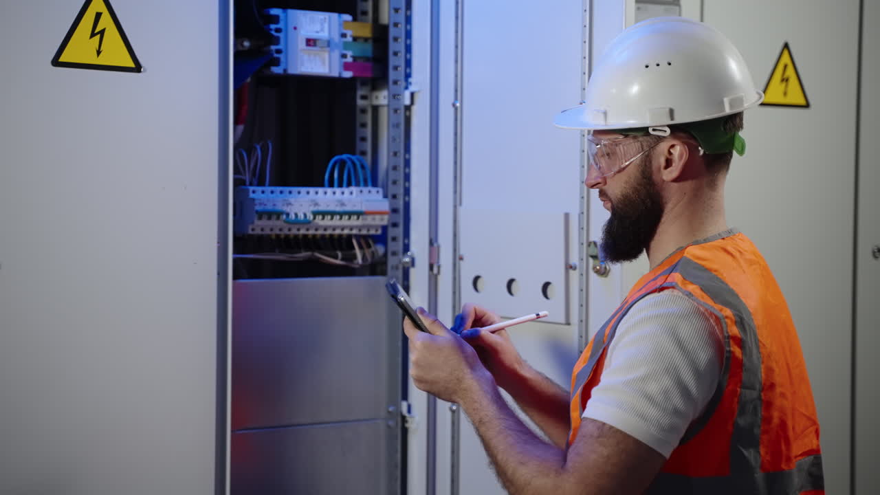 electricista que trabaja en el panel eléctrico