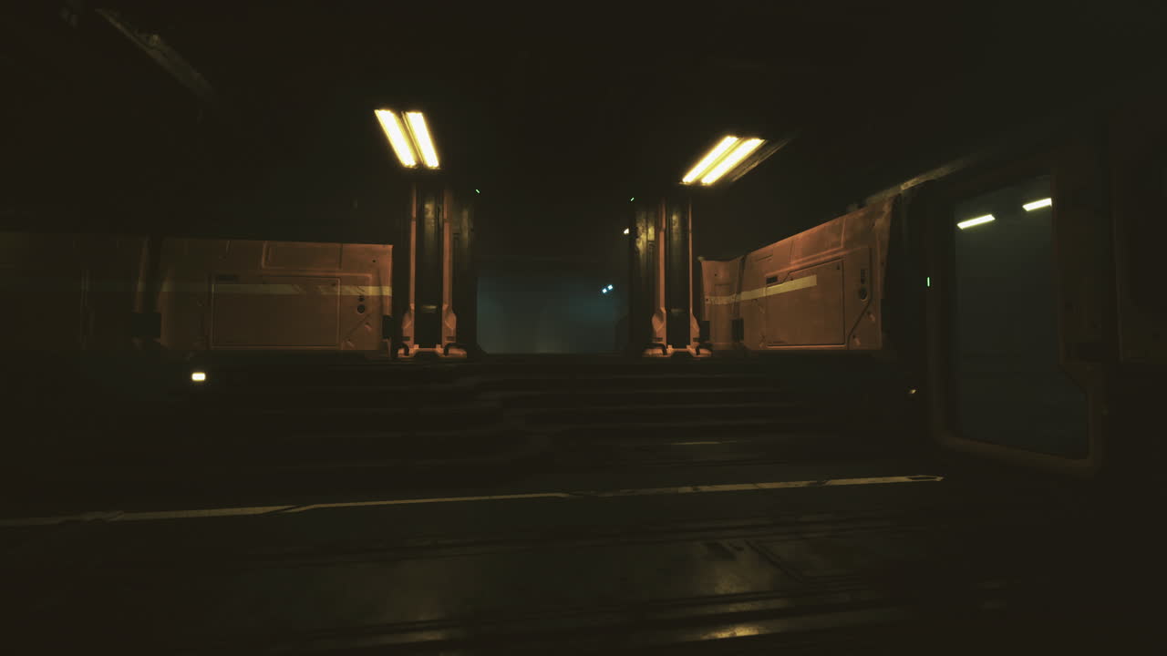 Dim corridor with stairs and glowing lights in a futuristic scene