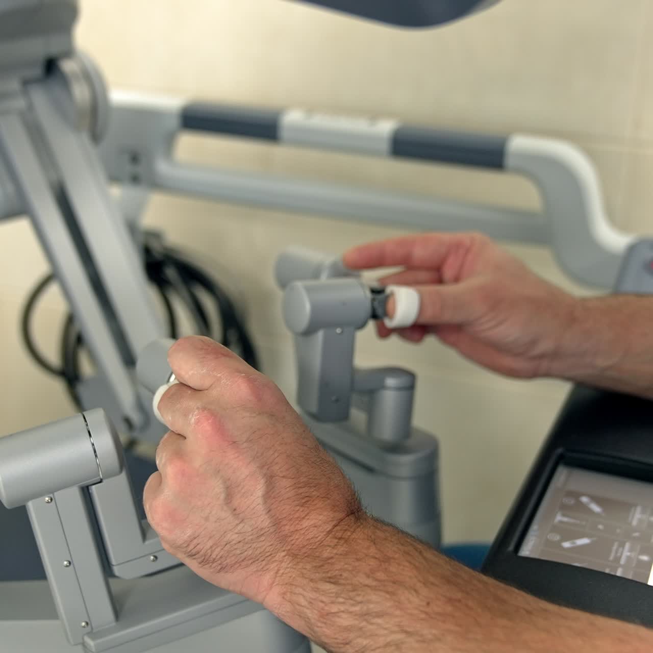 Professional doctor managing the robotic hands of Da Vinci robot. Close up. Advanced equipment in modern hospital