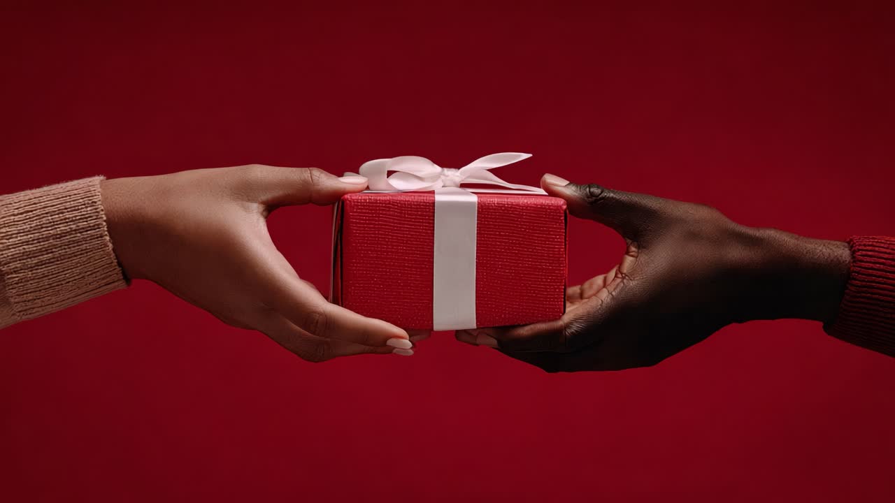 Celebrare la connessione: Due mani che si scambiano un regalo su uno sfondo rosso intenso, sottolineando la gioia del donare e lo spirito di unione.