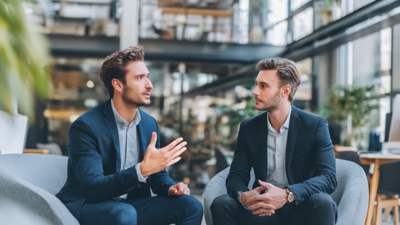 To erhvervsfolk engageret i en seriøs diskussion i et moderne kontormiljø, der viser samarbejde og kommunikationsevner