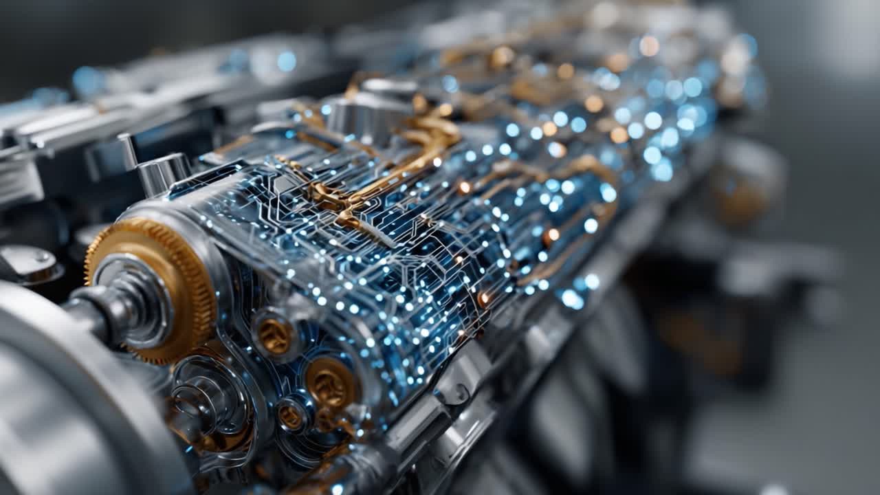 Futuristic Engine Component Showcasing Intricate Circuitry and Advanced Technology with a Combination of Metal and Transparent Elements Captivating Mechanical Engineering Enthusiasts