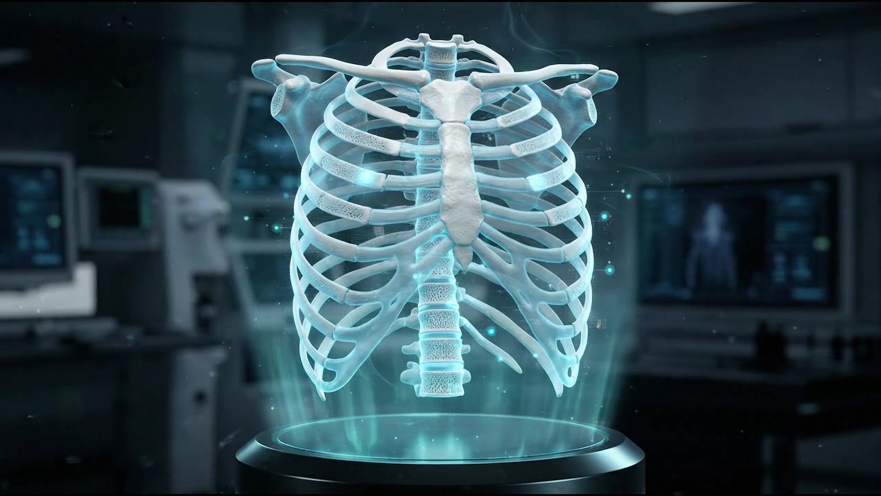Holographic scan of human rib cage and thoracic cage inside medical laboratory