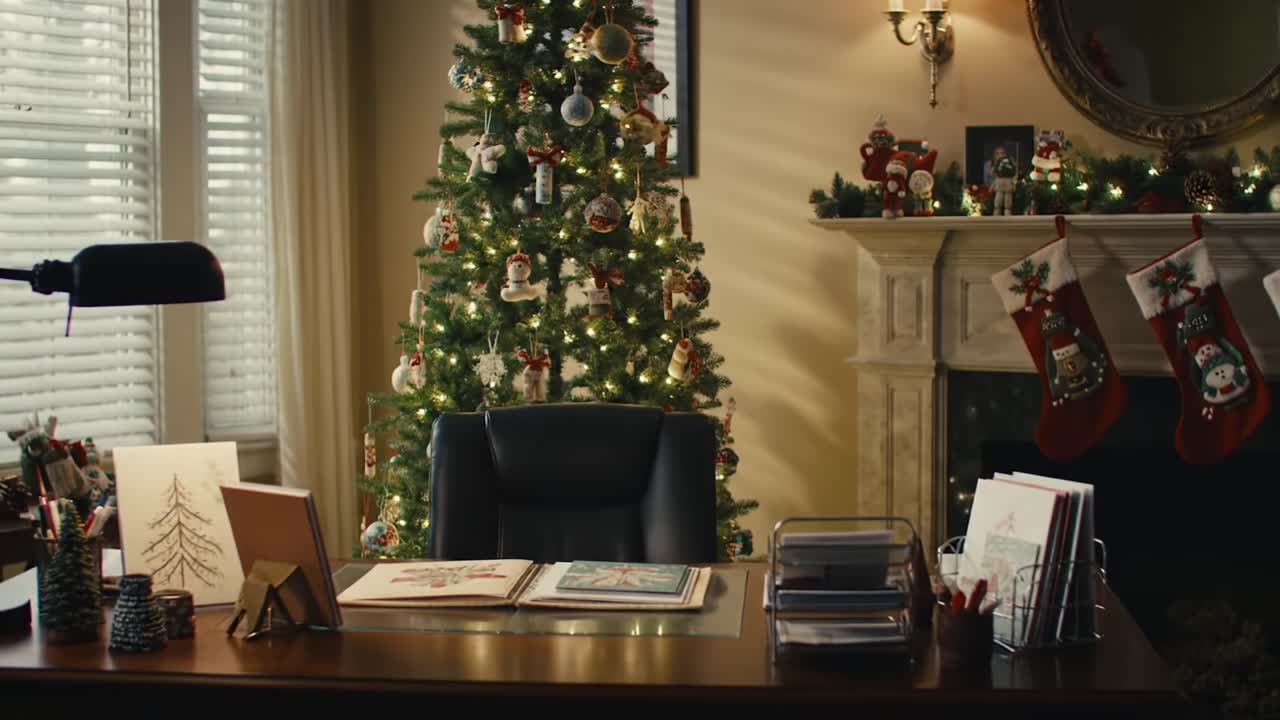 A Cozy Holiday Office Scene: A Tastefully Decorated Workspace Embraced by the Warmth of Christmas with a Beautifully Adorned Tree and Festive Accents