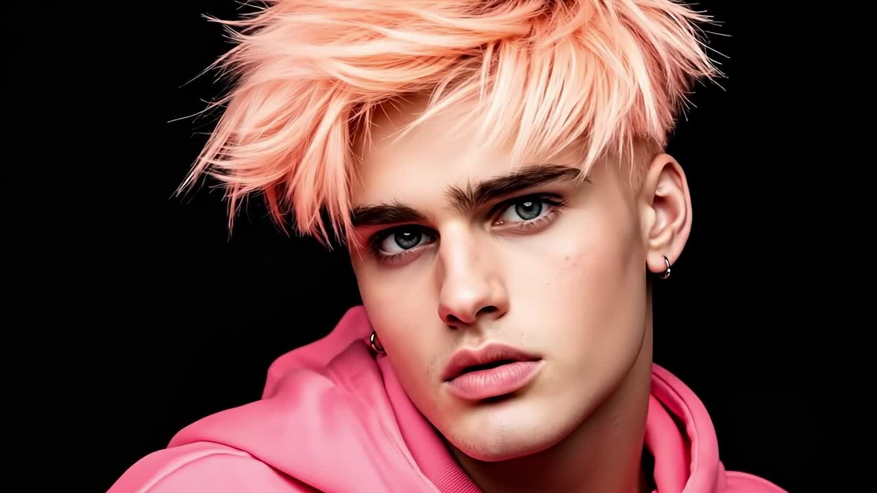 A young man with pink hair and a pink jacket