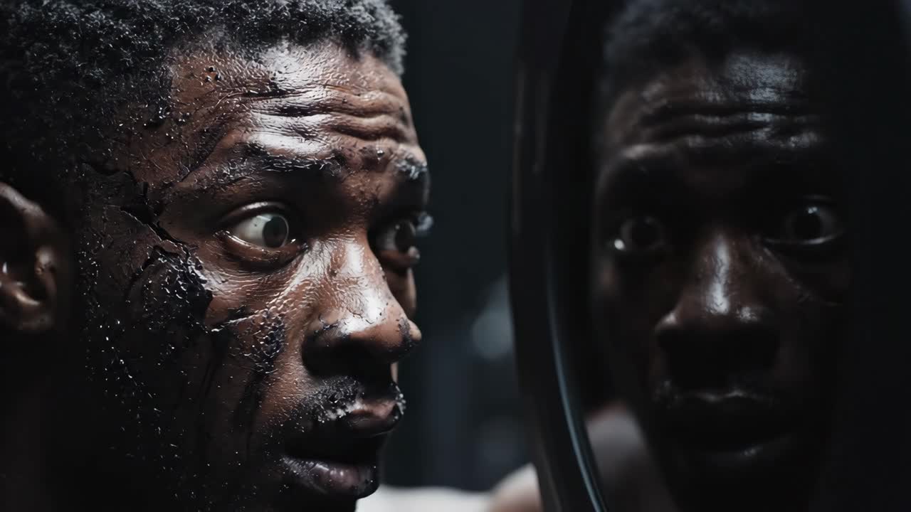 Man looking at his reflection on a futuristic screen