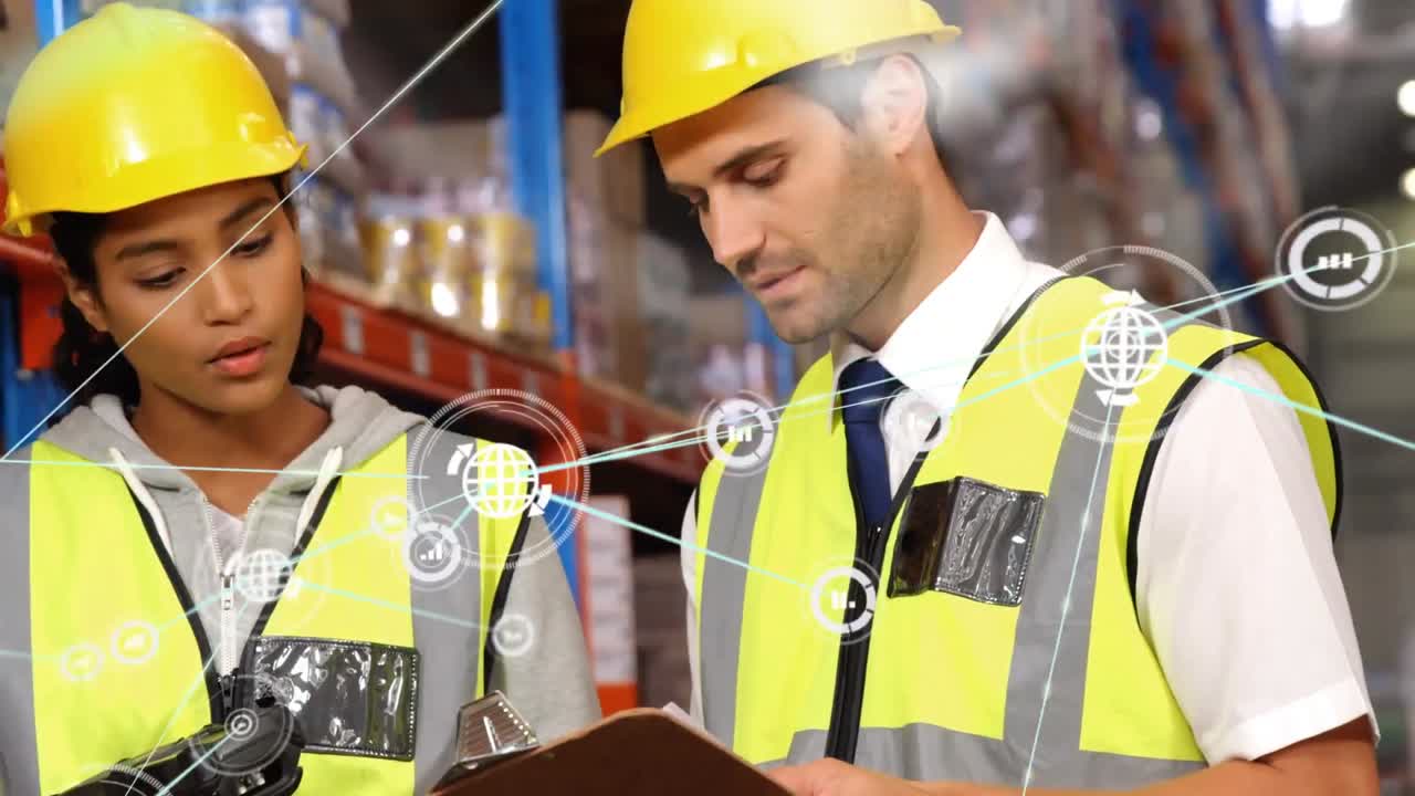 animación de redes de conexiones con iconos sobre personas que trabajan en el almacén