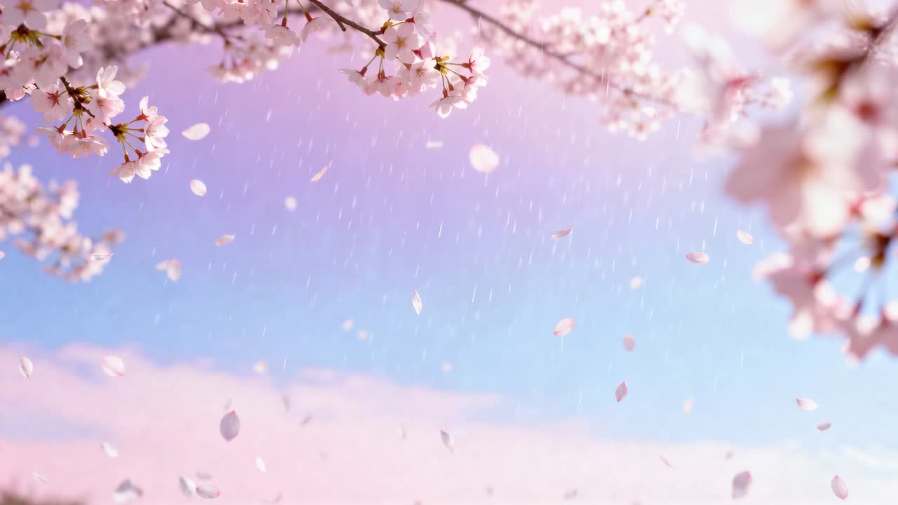 公園の枝から舞い落ちる淡いピンク色の桜の花びら、そよ風が柔らかな空のボケを生み出す。