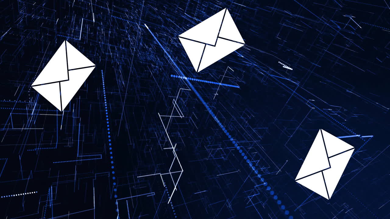Animating email icons over digital network background with glowing connections