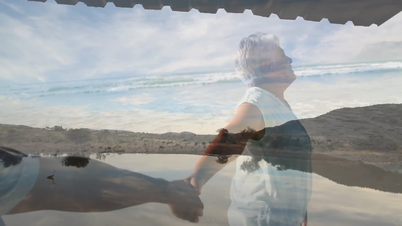 senior woman walking hand in hand outdoors, displaying health infographic blending waves hills