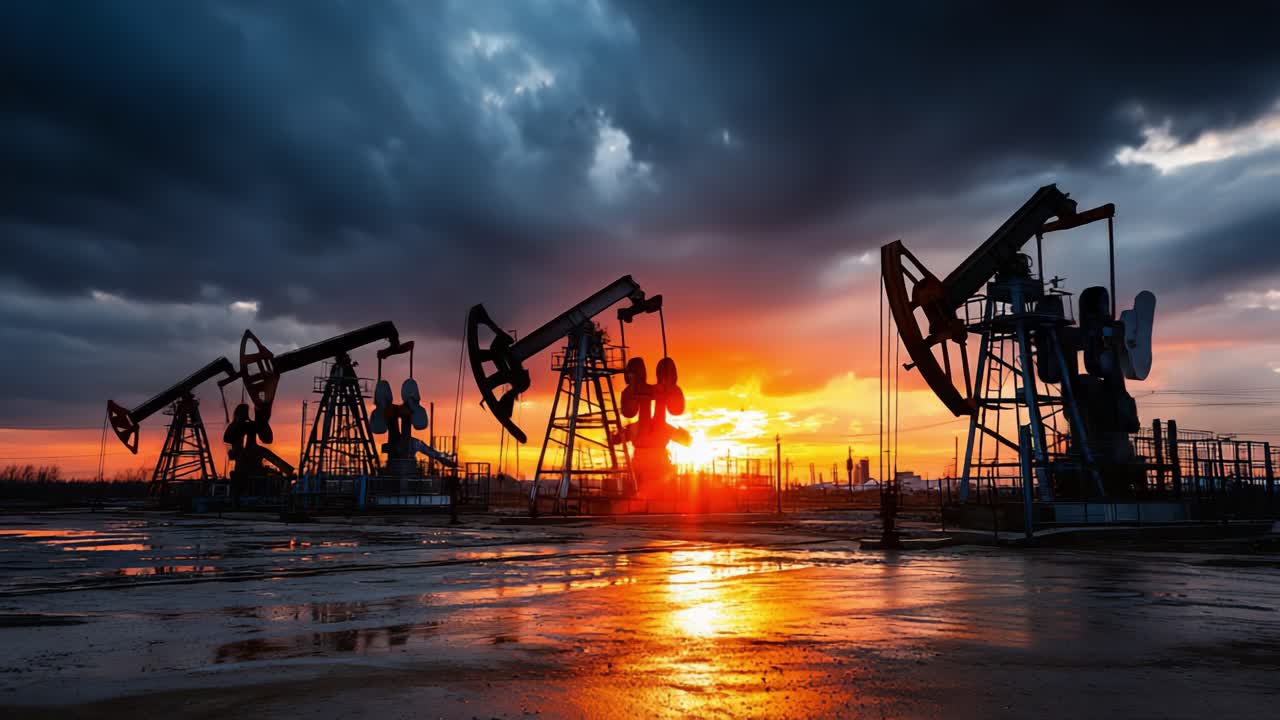 Petrol Pompaları Üzerinde Muhteşem Gün Batımı: Renkli Bir Gökyüzüne Karşı Silüet Oluşturan Endüstriyel Makinelerin ve Akşam Işığını Yansıtan Parlayan Su Birikintilerinin Nefes Kesen Manzarası