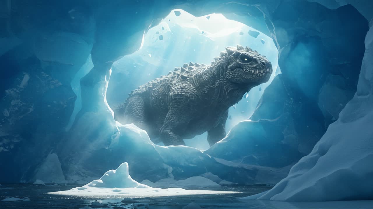 Una bestia massiccia e selvaggia emerge dal cuore di una caverna ghiacciata, potente e maestosa, catturando lo stupore dello splendore della natura e della meraviglia ghiacciata.