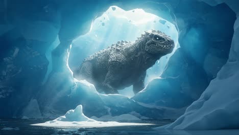 a massive untamed beast emerges from the heart of a frozen cavern, powerful and majestic, capturing the awe of nature’s splendor and icebound wonder